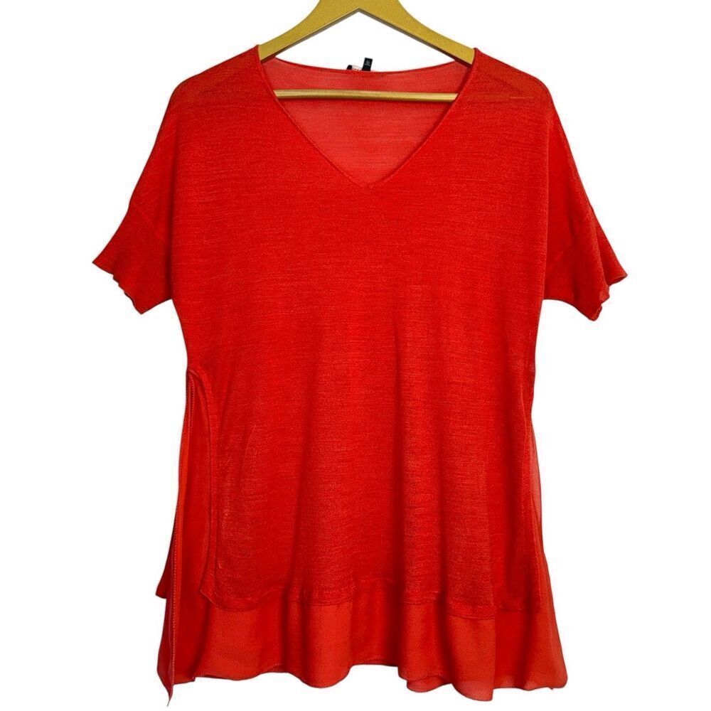 Eileen Fisher Chiffon Silk Tunic Blouse Size S Orange Slits Lagenlook Boho